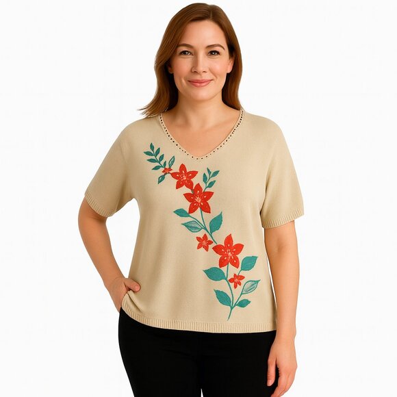 Alfred Dunner Tan Floral Beaded Sweater - Picture 1 of 5